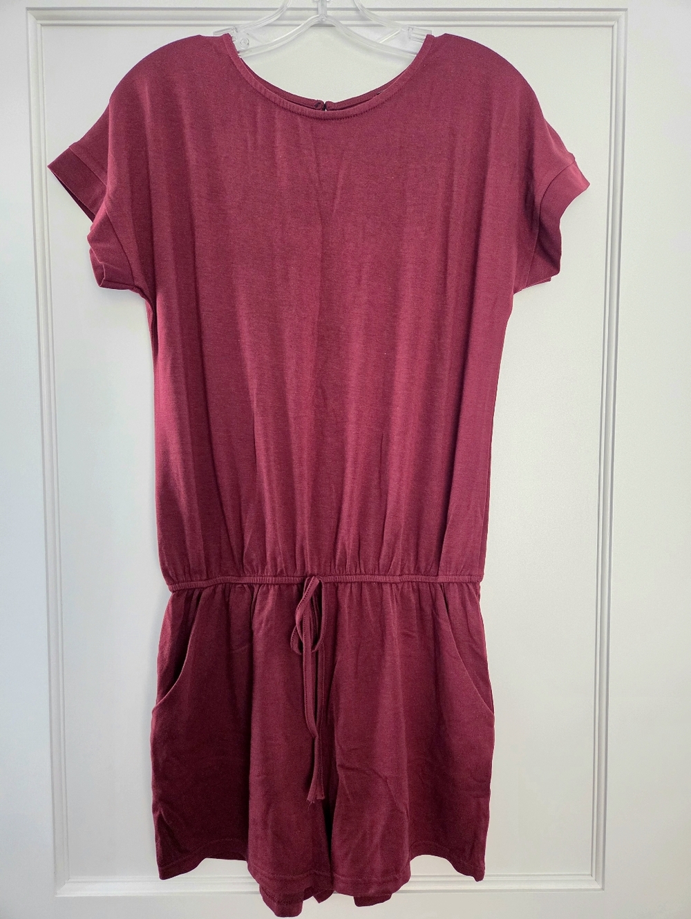 Casual Short Sleeve Drawstring Romper in Berry